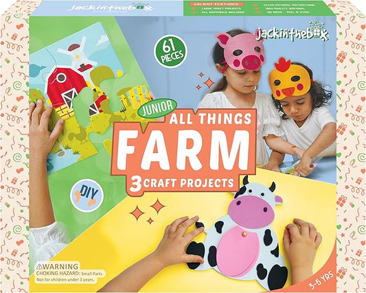 jackinthebox Farm Craft kit for 3 to 5 Year olds, 3 Craft Projects - Pretend Play Animal Masks, Farm Puzzle with Stickers, DIY Cow Notepad, Great Gift for Boys and Girls Ages 3 4 5 Years..