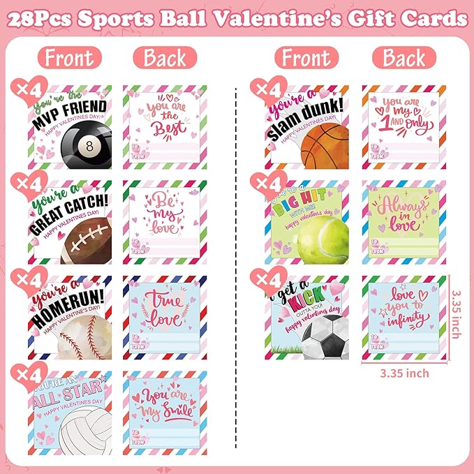 Valentines Day Cards for Kids School 28 Packs Valentines Day Gifts for Kids with Adjustable Sports Balls Bracelets Fit Kids Size Valentine School Classroom Prizes Gift Exchange Party Favors