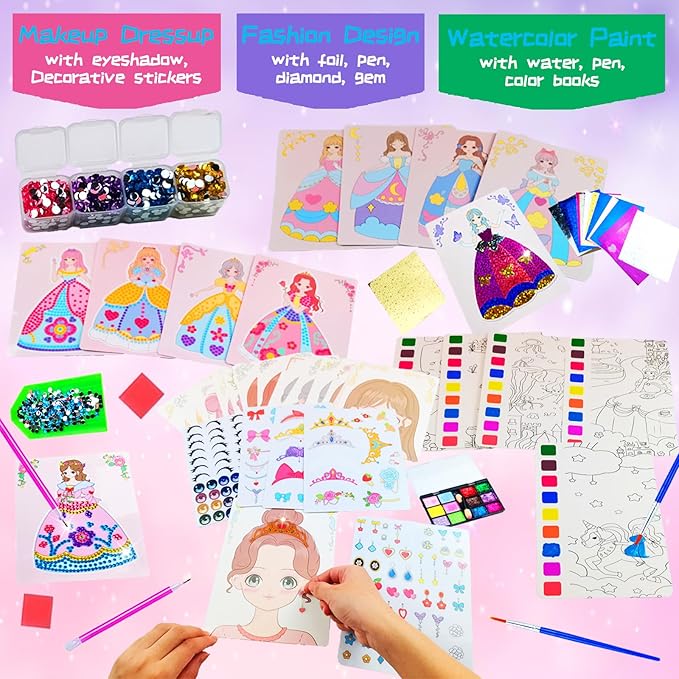 FJBICODA 30 Paper Craft Activities Kits, Arts & Crafts Gifts for Girls Age 5-12, Princess Makeup Play on Paper, Dress Up Game, Foil Fun & Diamond Art, Creative Toy for 5 6 7 8 9 10 11 12 Year Old Kid