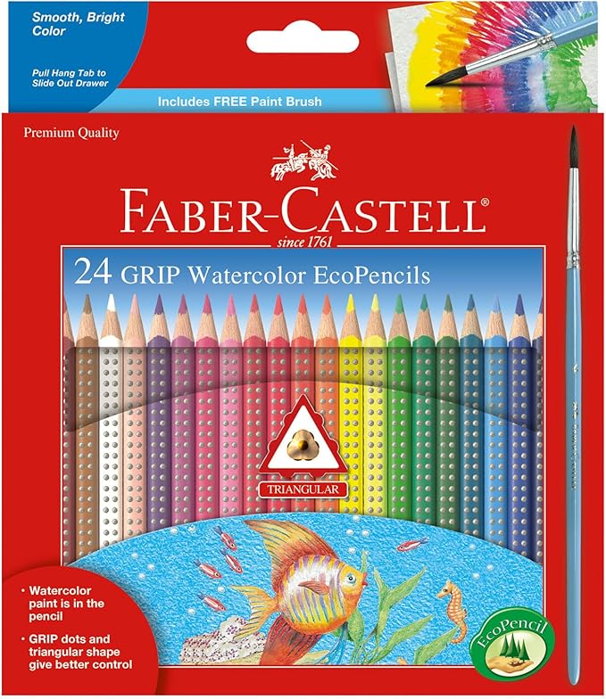 Faber-Castell Grip Watercolor EcoPencils: 24 Watercolor Pencils with Brush, Color Pencil Set, Watercolor Paint Set for Kids Ages 5-8+, Kids Art Supplies & Colored Pencils for Kids
