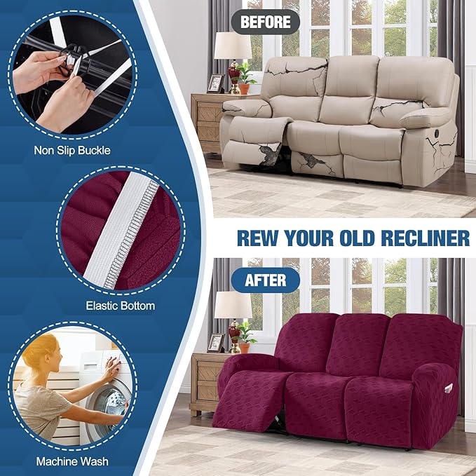 TAOCOCO Recliner Sofa Covers Stretch Reclining Couch Cover, Jacquard Recliner Couch Cover for 3 Seat Furniture Protector Sofa Slipcovers with Elastic Bottom for Kids, Pets (Burgundy)