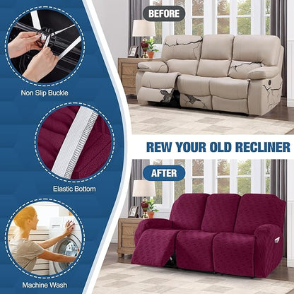 TAOCOCO Recliner Sofa Covers Stretch Reclining Couch Cover, Jacquard Recliner Couch Cover for 3 Seat Furniture Protector Sofa Slipcovers with Elastic Bottom for Kids, Pets (Burgundy)
