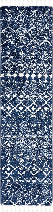 SAFAVIEH Berber Fringe Shag Collection Runner Rug - 2'2" x 8', Navy & Ivory, Moroccan Design, Non-Shedding & Easy Care, 1.2-inch Thick Ideal for High Traffic Areas in Living Room, Bedroom (BFG516N)