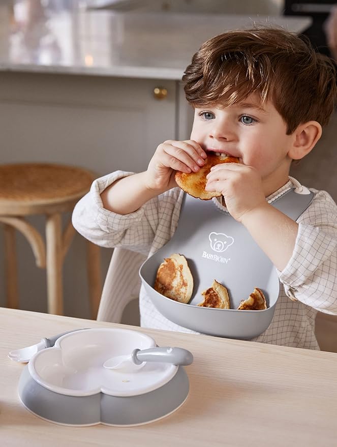 BabyBjörn Baby Dinner Set, 5 pc, Gray | Includes Baby Bib, Baby Plate, Baby Fork, Baby Spoon, and Baby Cup | Dishwasher Safe | Toddler Feeding Set for self-Feeding or Baby-led weaning