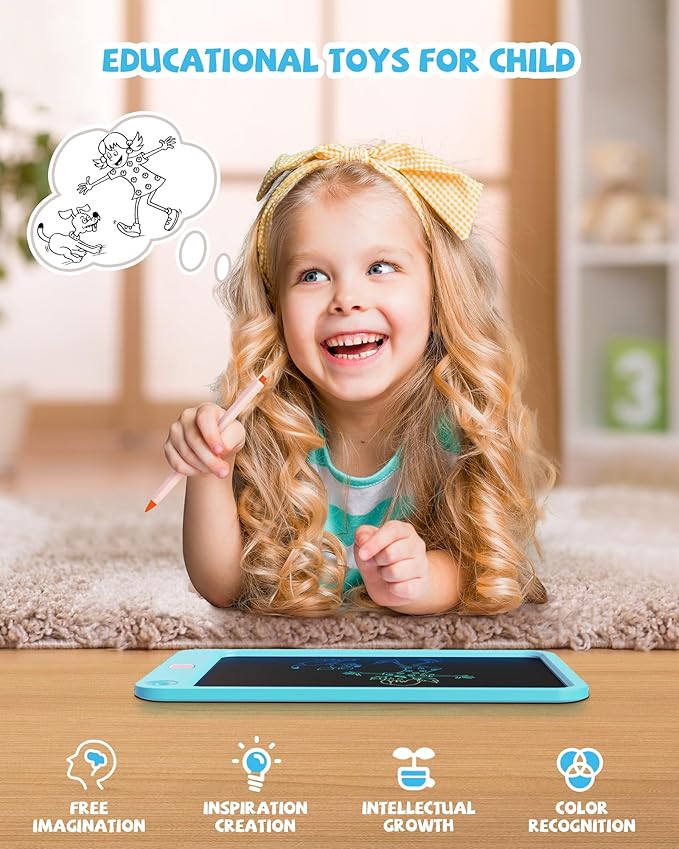 LCD Writing Tablet 10 Inch, Toys for 3 4 5 6 7 8 9 10 Year Old Boys Girls, Colorful Doodle Board Drawing Tablet, Gift for Boys Toddlers Age 3-12 Years, Memo Board, Drawing Pads with Lanyard(Lake Blue)