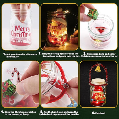 Christmas Crafts Activities For Kids Ages 3-12,4 Pack Glass Mason Jar for School Christmas Art Activities,Christmas Craft Supplies,DIY Lantern Jar for Gifts Christmas Party Favors,Classroom Prizes