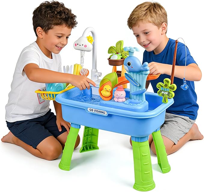 Upgraded Toddler Sand Water Table Toy with Electric Water Pump, Kids Sand Water with Faucet/Play Food Accessories/Fishing Toy, Kitchen Play Sink Toys for Girl Boy Age 3+ (Blue)