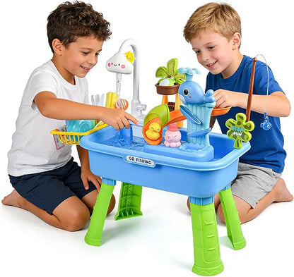Upgraded Toddler Sand Water Table Toy with Electric Water Pump, Kids Sand Water with Faucet/Play Food Accessories/Fishing Toy, Kitchen Play Sink Toys for Girl Boy Age 3+ (Blue)