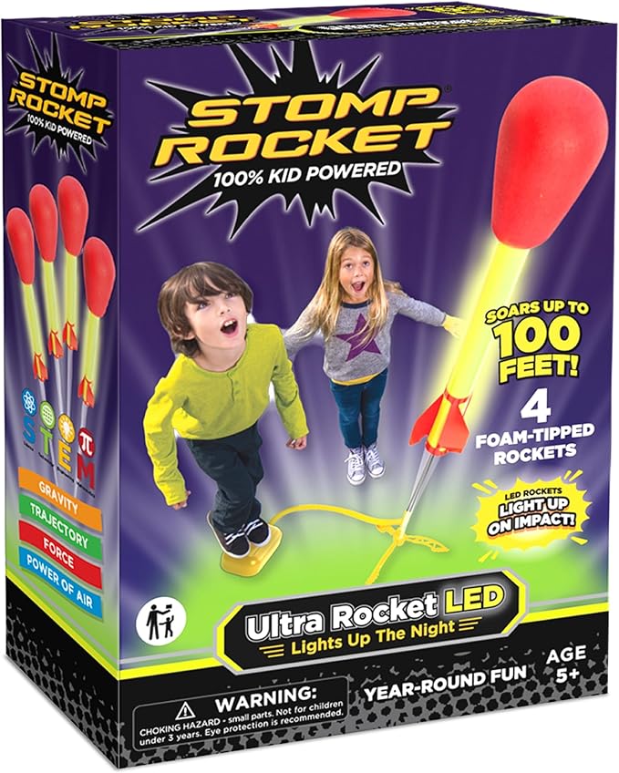 Stomp Rocket Ultra LED Rocket Launcher for Kids, 4 LED Foam Tipped Rockets - Fun Backyard & Outdoor Kids Toys Gifts for Boys & Girls - Toy Foam Blaster Set - Multi-Player Adjustable Launch Stand