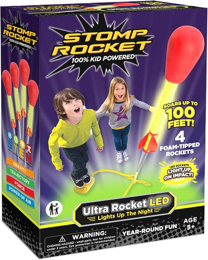 Stomp Rocket Ultra LED Rocket Launcher for Kids, 4 LED Foam Tipped Rockets - Fun Backyard & Outdoor Kids Toys Gifts for Boys & Girls - Toy Foam Blaster Set - Multi-Player Adjustable Launch Stand