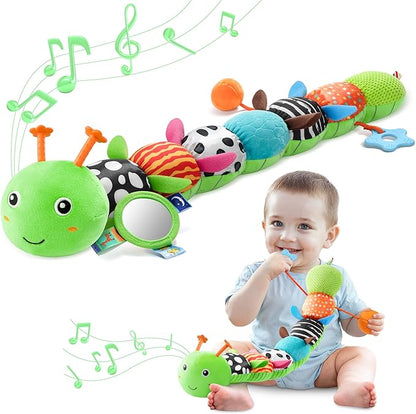 AWOTOY Baby Toys 0-6-12 Months,Musical Caterpillar Stuffed Animals Activity Infant Toys with Crinkle,Rattles,Mirror&Pull String,Muti-Sensory Toys Gifts for Newborn Tummy Time,Kelly Green|Leafy