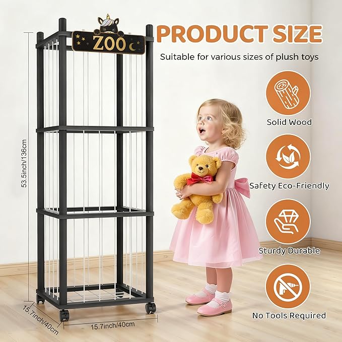 Stuffed Animal Storage Zoo Tower,56In Wooden Large Stuffed Animal Holder Organizer with Wheels,Stuffy Plushies Storage with Elastic Band&Mesh Bottom,Toy Storage Organizers for Playroom Nursery（Black）
