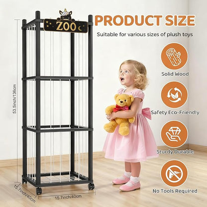 Stuffed Animal Storage Zoo Tower,56In Wooden Large Stuffed Animal Holder Organizer with Wheels,Stuffy Plushies Storage with Elastic Band&Mesh Bottom,Toy Storage Organizers for Playroom Nursery（Black）