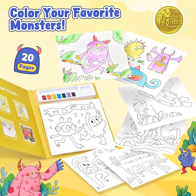 JoyCat Paint with Water Coloring Books for Toddlers, Watercolor Painting Sets for Kids Ages 3-5 4-8, Arts and Crafts Drawing Activities Toy Birthday Gifts for Boys Girls (Monsters)