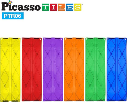 PicassoTiles 6 Piece Race Track Ramp Magnetic Building Block Set Magnet Tiles Construction Toy STEM Learning Kit Education Playset Playboard Pretend Play Stacking Blocks Child Brain Development PTR06