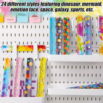POPLAY 48PCS Kids Slap Bracelets, Slap Wristbands Bulk Tie Dye Bracelets Dinosaurs Mermaid Space Galaxy for Party Favors Classroom Prizes Exchanging Gifts