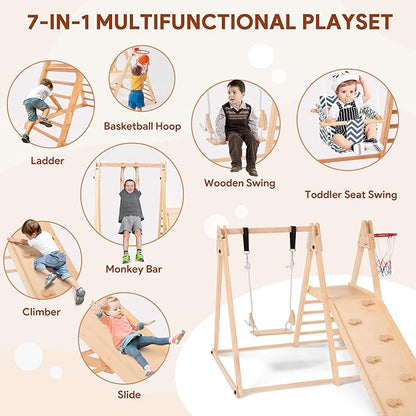 7 in 1 Indoor Jungle Gym for Kids, Foldable Toddler Indoor Playground with Slide, Beechwood & Baby Swing, Climbing Wall & Ladder, Wooden Climbing Toys Playset Gifts for Kids (Wood Color)