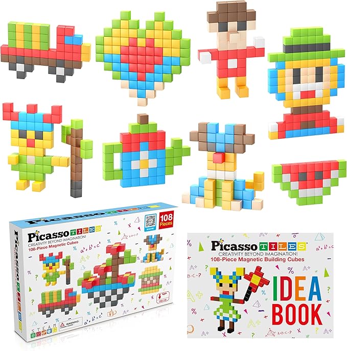 Picasso Cubes 1” Magnetic Puzzle Cubes 108 Piece Magnet Construction Building Block Set Sensory Toy Early Education STEM Learning, Free Ideabook with 50 Ideas, Children Age 3+ Boy Girl PMC108