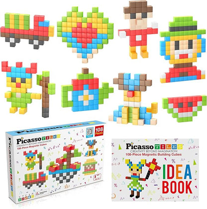 Picasso Cubes 1” Magnetic Puzzle Cubes 108 Piece Magnet Construction Building Block Set Sensory Toy Early Education STEM Learning, Free Ideabook with 50 Ideas, Children Age 3+ Boy Girl PMC108