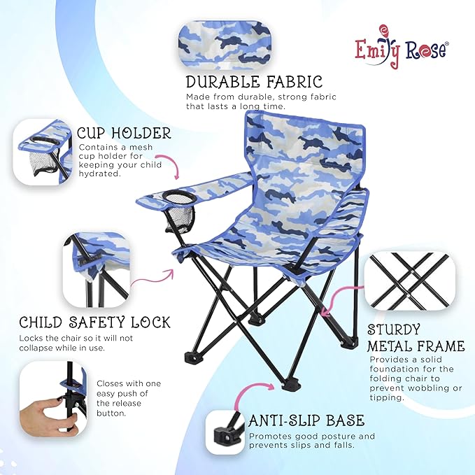 Emily Rose Kids Folding Chair | Beach Chair with Safety Lock- Camping Chair for Boys Girls Toddler with Cup Holder & Carry Case- Tailgate, Travel, Lawn- for Indoor & Outdoor (Blue Camo)