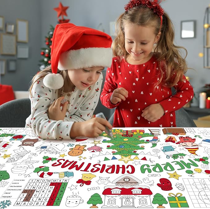 Christmas Giant Coloring Poster for Kids 30x72 Inch, Merry Christmas Large Coloring Tablecloth Banner, Christmas Color-in Activities Games for Kids School Classroom Home Party Supplies Decorations