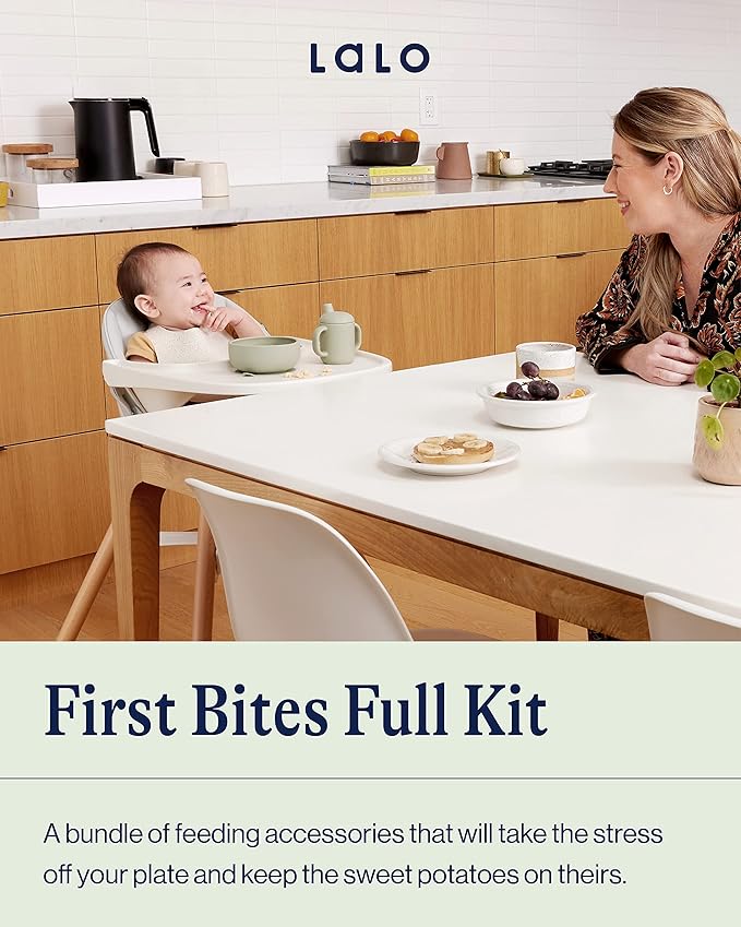 Lalo First Bites Silicone Baby Feeding Set - Baby Led Weaning Supplies - Non-Toxic Silicone - Includes 2 Bibs, 2 Spoons, Training Cup, Suction Plate and Bowl - 6 Pieces - Grapefruit