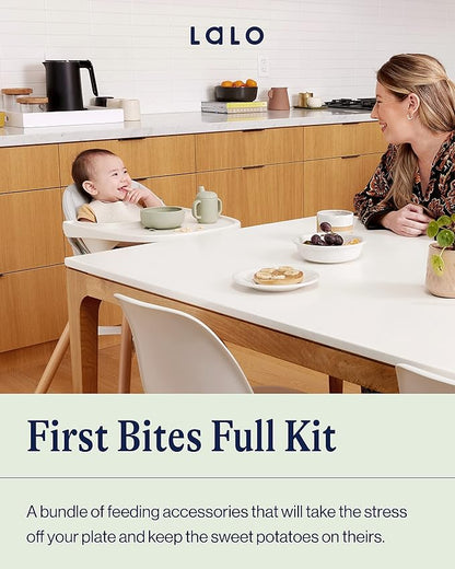 Lalo First Bites Silicone Baby Feeding Set - Baby Led Weaning Supplies - Non-Toxic Silicone - Includes 2 Bibs, 2 Spoons, Training Cup, Suction Plate and Bowl - 6 Pieces - Blueberry