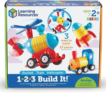 Learning Resources 1-2-3 Build It! Rocket-Train-Helicopter, Toddler Building Toy, 17 Pieces, Ages 2+, Multicolor, LER2859