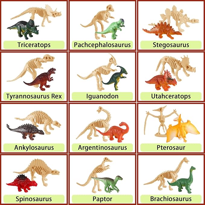 UPINS 24pcs Mini Dinosaur Figures and Dinosaur Fossil Skeletons,Plastic Dinosaurs Assorted Dino Bones with Storage Box Educational Gift for Science Play Sand Dig Party Favor Decorations