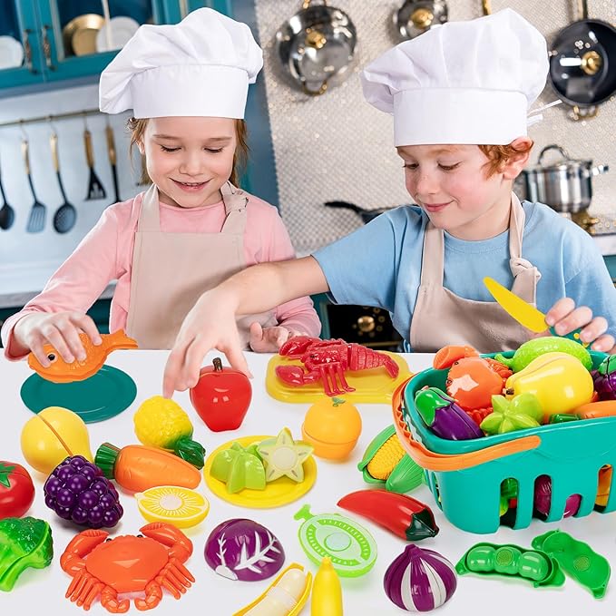 Play Food Set for Kids Kitchen- 68 Pcs Kitchen Food Toy for Toddlers, Cutting & Color Sorting Fake Food/ Fruit/ Vegetable Accessories, Birthday Gifts for 2 3 4 5 Years Old Boys Girls