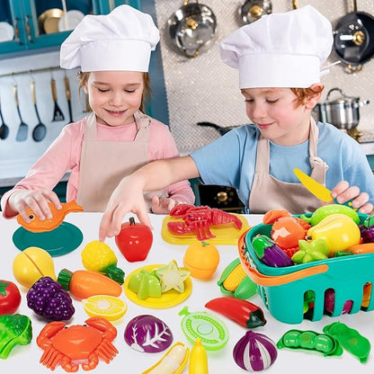 Play Food Set for Kids Kitchen- 68 Pcs Kitchen Food Toy for Toddlers, Cutting & Color Sorting Fake Food/ Fruit/ Vegetable Accessories, Birthday Gifts for 2 3 4 5 Years Old Boys Girls