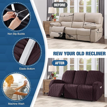 TAOCOCO Recliner Sofa Covers Stretch Reclining Couch Cover, Jacquard Recliner Couch Cover for 3 Seat Furniture Protector Sofa Slipcovers with Elastic Bottom for Kids, Pets (Dark Coffee)