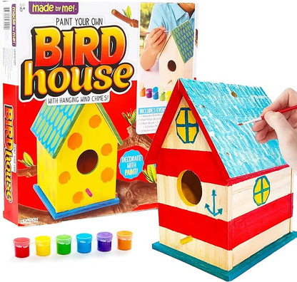 Made By Me Build & Paint Your Own Wooden Bird House Horizon Group USA, DIY Birdhouse Making Kit, Includes Paints, Brushes, Glue & Wind Chimes, Multicolor (46090F)