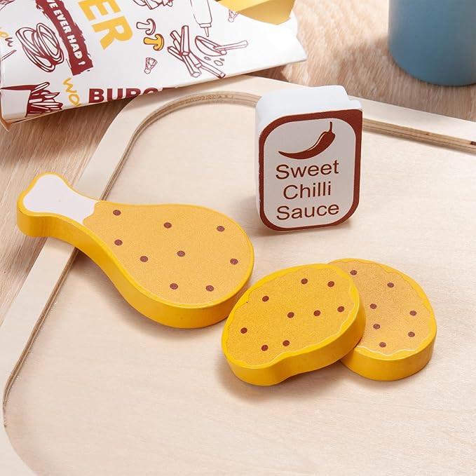 25pcs Wooden Fast Food Set Play Kitchen Accessories, Toddler Pretend Play Toy Food Hamburger Stacking Toy Playset with Fries, Kids Play Food Toy Kitchen Set Boys and Girls Birthday Gift