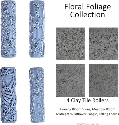 Floral Foliage Collection 4-Pack Clay Texture Rollers (4") - Seamless Meadow Set #01 - Embossing Pattern Rollers for Polymer & Ceramic Clay, Pottery & Crafts