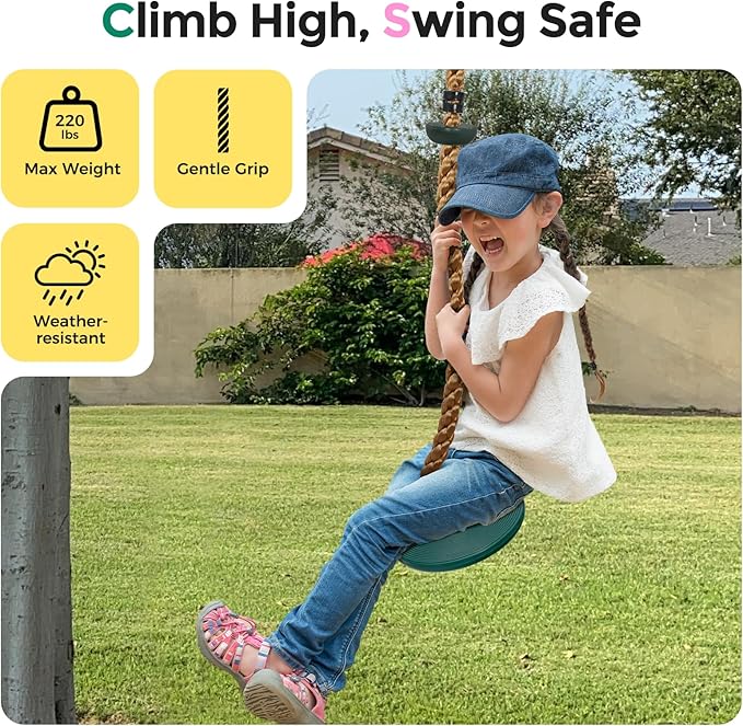 DECORLIFE Tree Swing for Kids, Adjustable Rope Swing Disc Swing for Outside with Platform Carabiners and Strap Outdoor, Playground Accessories, Green