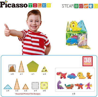 PicassoTiles Magnet Tiles Building Blocks Dinosaur Theme Set with 8 Magnetized Action Figures Magnetic Construction Build and Play Toys with Magnets STEM Learning Activities for Toddlers 3+ PTQ13