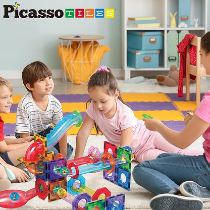 PicassoTiles Magnet Marble Run Tiles Pete The Cat Themed Character Marbles for Magnetic Building Block Construction Tile Maze Structures STEM Learning Pretend Play Fun Toys Girls Boys Ages 3+ PTG02