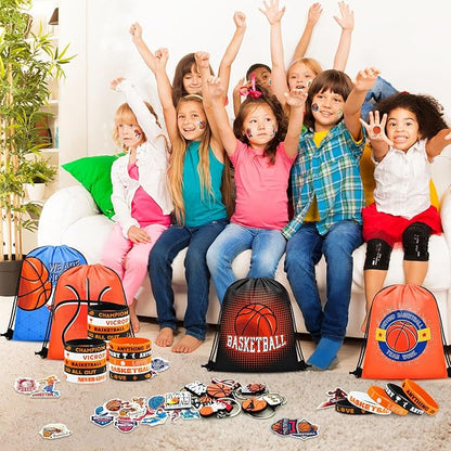 110 Pcs Basketball Party Favors Drawstring Backpack with Keychains Silicone Bracelets Stickers for Sports Birthday Supplies Goodie Bags Basketball Themed Gifts