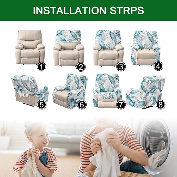 FUANGUI Recliner Chair Cover 4-Pieces Lazyboy Cover for Recliner Chair with Storage Pockets Furniture Protector for Living Room, Jacquard Sofa Slipcover for Kids, Pets, Dog and Cat, 14