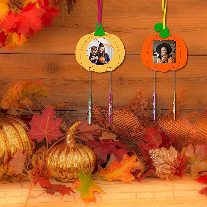 Fennoral 12 Pack Pumpkin Wind Chime Kit for Kids Make You Own Pumpkin Photo Frame Wind Chimes DIY Paint Fall Craft Wooden Ornaments for Art Project Autumn Thanksgiving Decoration