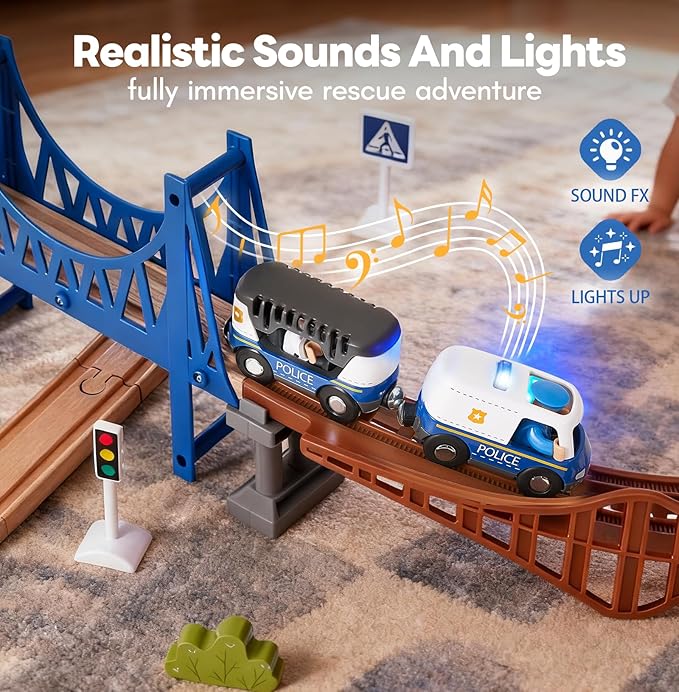 Giant bean 6pcs Magnetic Rescue Train Car Set with Sound & Light – 3 in1 Police, Fire & Ambulance Emergency Vehicles, Magnetic Coupling with Action Figures Accessories, STEM Play Toy for Kids 3+