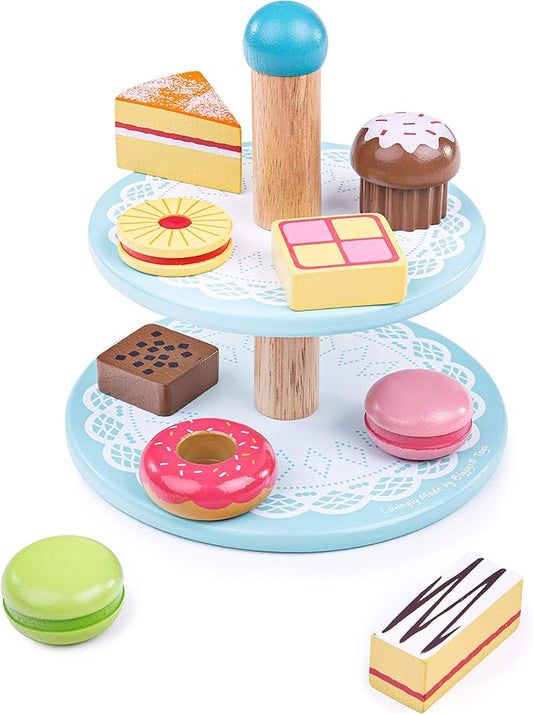 Bigjigs Toys Wooden Cake Stand with 9 Wooden Play Food Cakes - Quality Toy Food for Toddlers & Children, Perfect Kids Wooden Kitchen Accessories for Afternoon Tea Parties