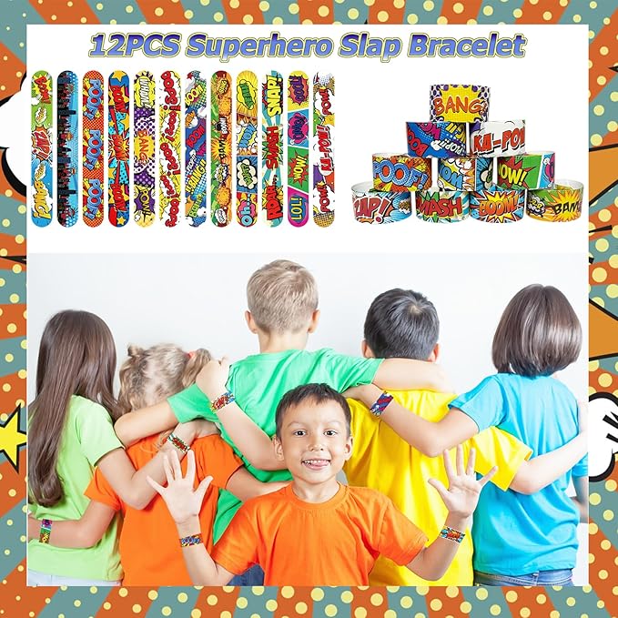 122 Pcs Superhero Party Favors with Slap Bracelets,Punch Balloons,Superhero Stickers,Button Pin Badges,Notepads,Pen,Finger Lights for Superhero Themed Goody Bag Stuffer Class Prize