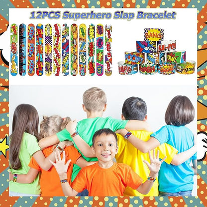 122 Pcs Superhero Party Favors with Slap Bracelets,Punch Balloons,Superhero Stickers,Button Pin Badges,Notepads,Pen,Finger Lights for Superhero Themed Goody Bag Stuffer Class Prize
