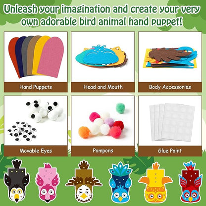 WATINC 6Pcs Hand Puppet Making Kit, Art Craft Felt Sock Puppet Toys, Creative DIY Make Your Own Pompoms Wiggle Googly Eyes Storytelling Role Play Party Supplies Gift for Girls Boys (Bird A)