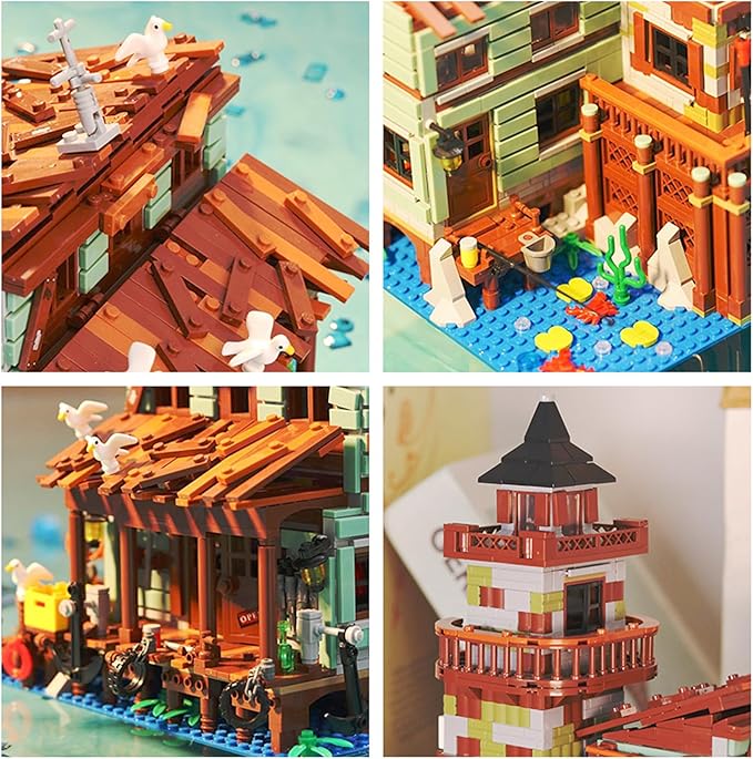 1881PCS Fishing Village Wood Cabin mini Building Blocks Toys with Led Lighting,Creative Ideals Fishing House Building Sets, Best Choice for 6+ Boys, Girls or Adults(Not Compatible with Lego)