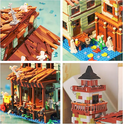 1881PCS Fishing Village Wood Cabin mini Building Blocks Toys with Led Lighting,Creative Ideals Fishing House Building Sets, Best Choice for 6+ Boys, Girls or Adults(Not Compatible with Lego)