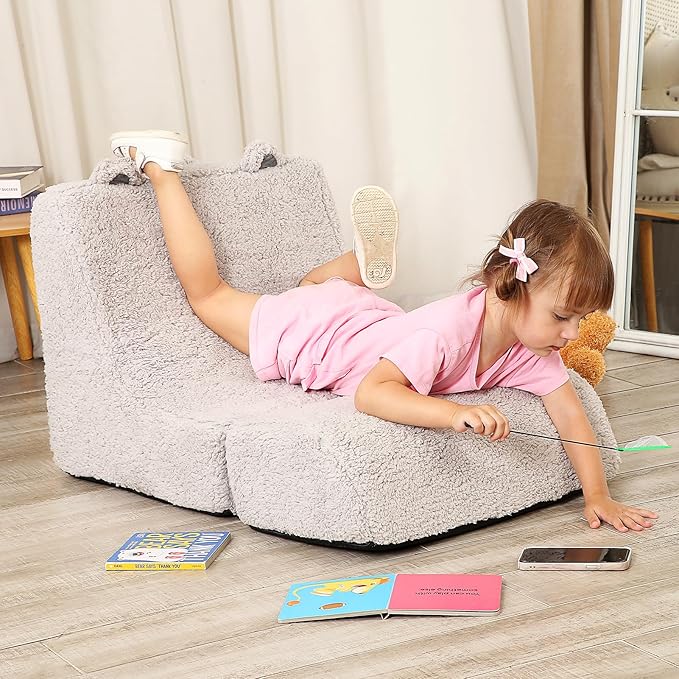 Cuddly Soft Toddler Couch with Cute Bear Ears, Kids Sherpa Lounge Sofa for Boys and Girls, Light Grey