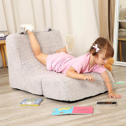Cuddly Soft Toddler Couch with Cute Bear Ears, Kids Sherpa Lounge Sofa for Boys and Girls, Light Grey